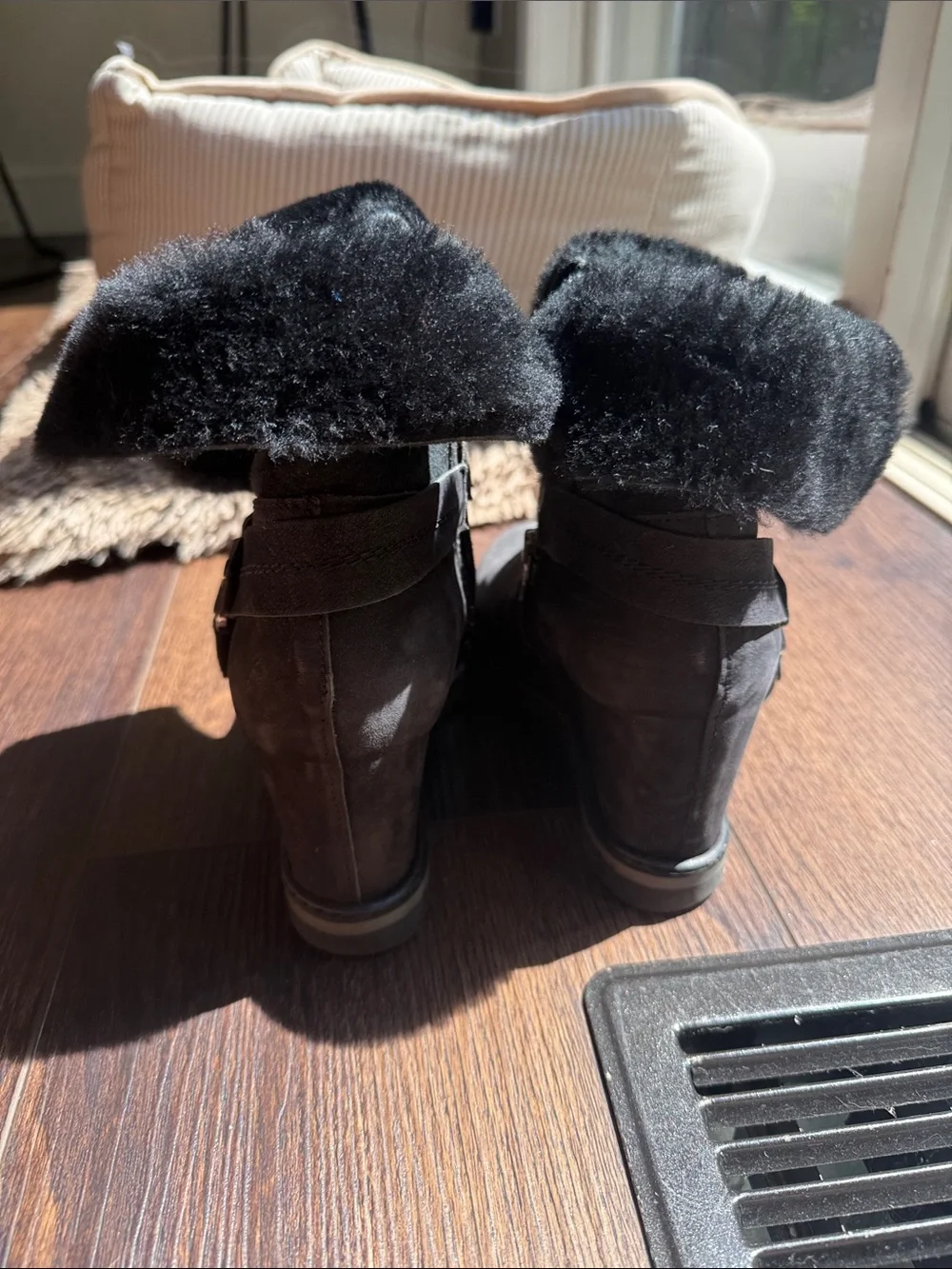 Black Suede Shearling-Lined Wedge Booties